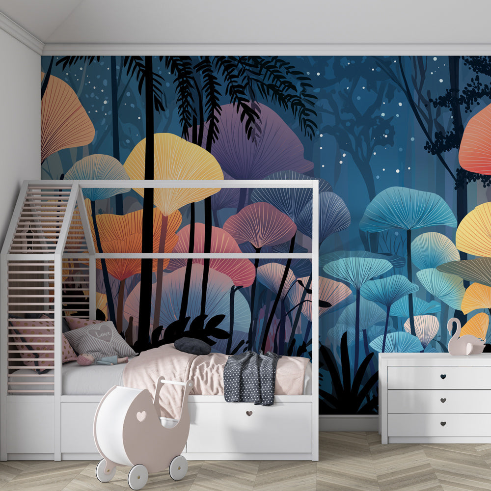 Whimsical woodland mural wallpaper transforming children's playroom into fairy tale space