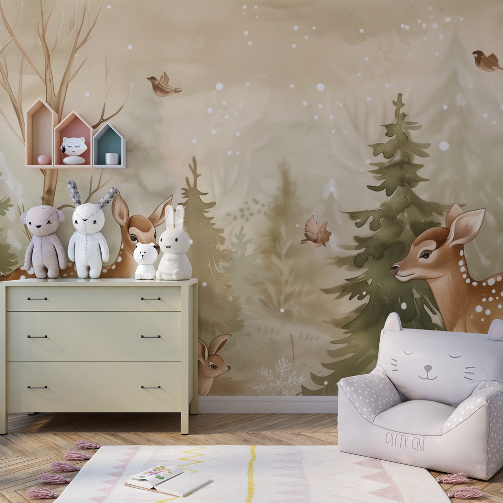 Whimsical woodland animal wallpaper transforming kids playroom into forest adventure