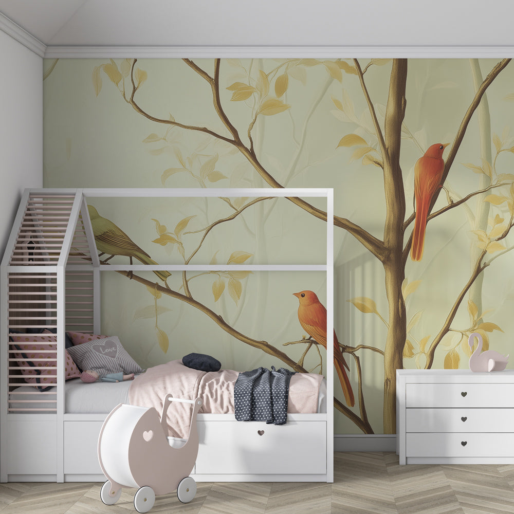 Forest themed mural wallpaper transforming children's playroom into nature sanctuary