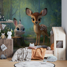 Forest themed mural wallpaper with adorable animals for kids playroom decor