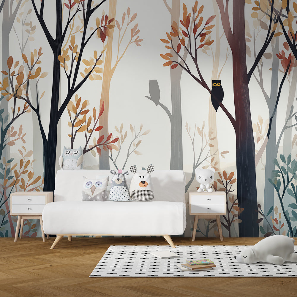 Woodland themed mural wallpaper transforming kids playroom into enchanted forest sanctuary