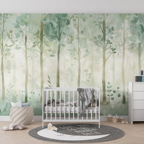 Nature-themed forest wallpaper creating calming playroom environment with delicate tree motifs