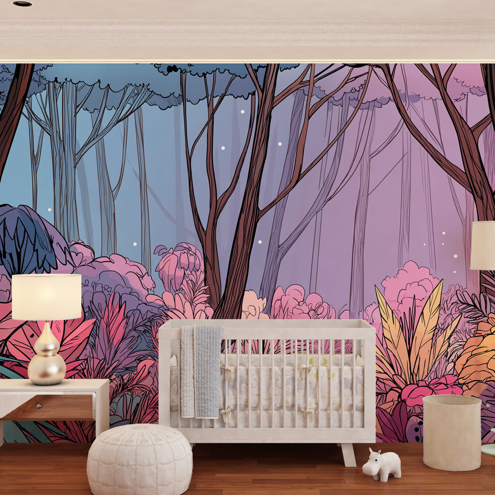 Colorful enchanted forest mural wallpaper transforming kids playroom into magical woodland