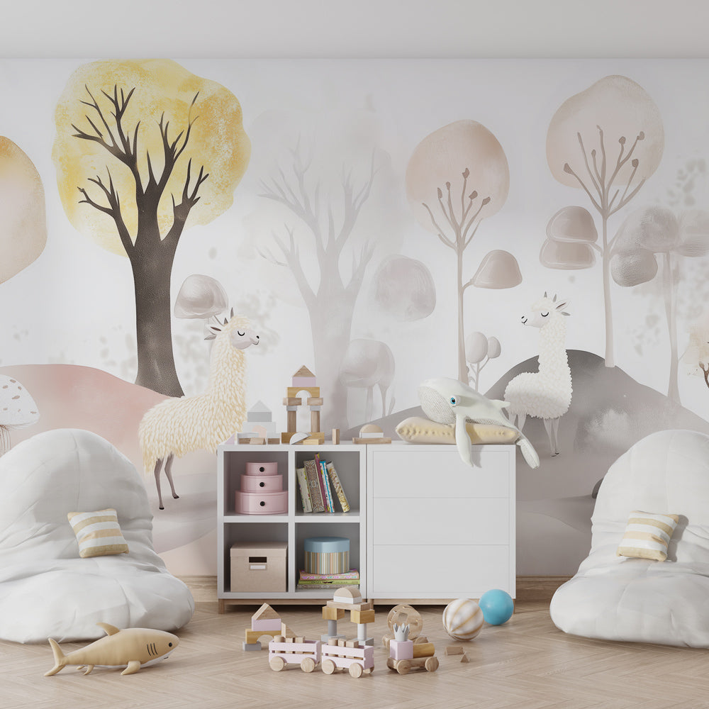 Whimsical forest themed mural wallpaper with llamas decorating modern kids playroom space