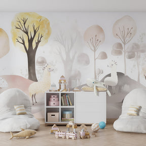 Whimsical forest themed mural wallpaper with llamas decorating modern kids playroom space