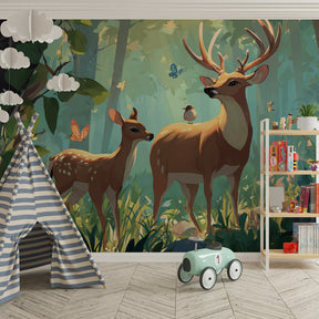 Forest animal wallpaper featuring deer silhouettes in natural children's playroom setting