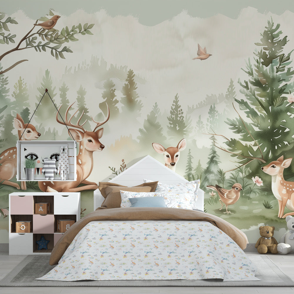 Forest animal wallpaper featuring deer and botanical elements in bright kids playroom by Kids-Mundo
