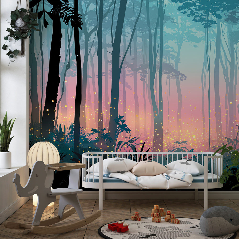 Fairy tale forest mural wallpaper transforming kids playroom into magical woodland