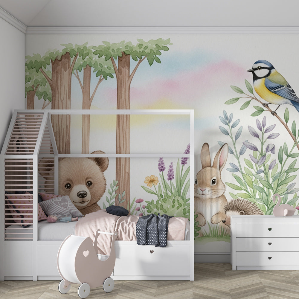 Woodland creatures mural wallpaper transforming playroom into enchanted forest by Kids-Mundo