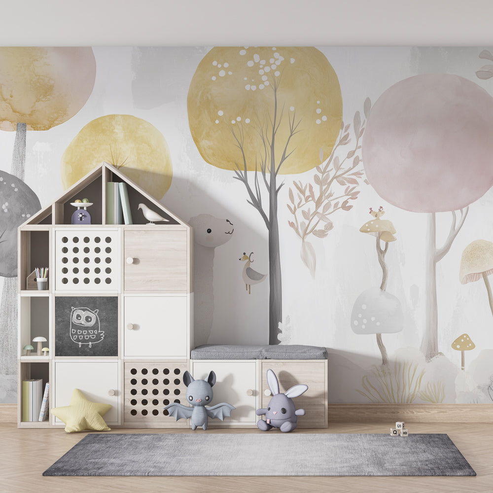 Whimsical forest mural wallpaper with llamas and mushrooms in colorful children's playroom