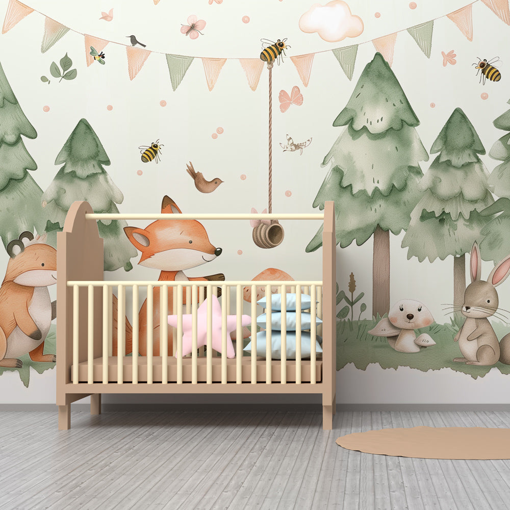 Pastel forest themed mural wallpaper creating imaginative play space for kids by Kids-Mundo