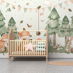 Pastel forest themed mural wallpaper creating imaginative play space for kids by Kids-Mundo