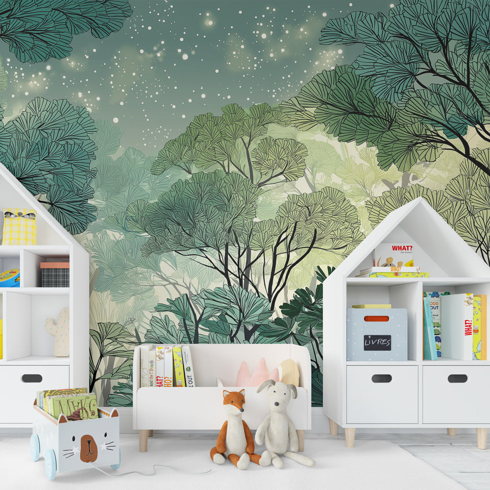 Forest themed mural wallpaper creating immersive nature experience in children's playroom