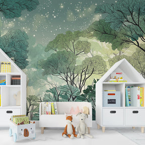 Forest themed mural wallpaper creating immersive nature experience in children's playroom
