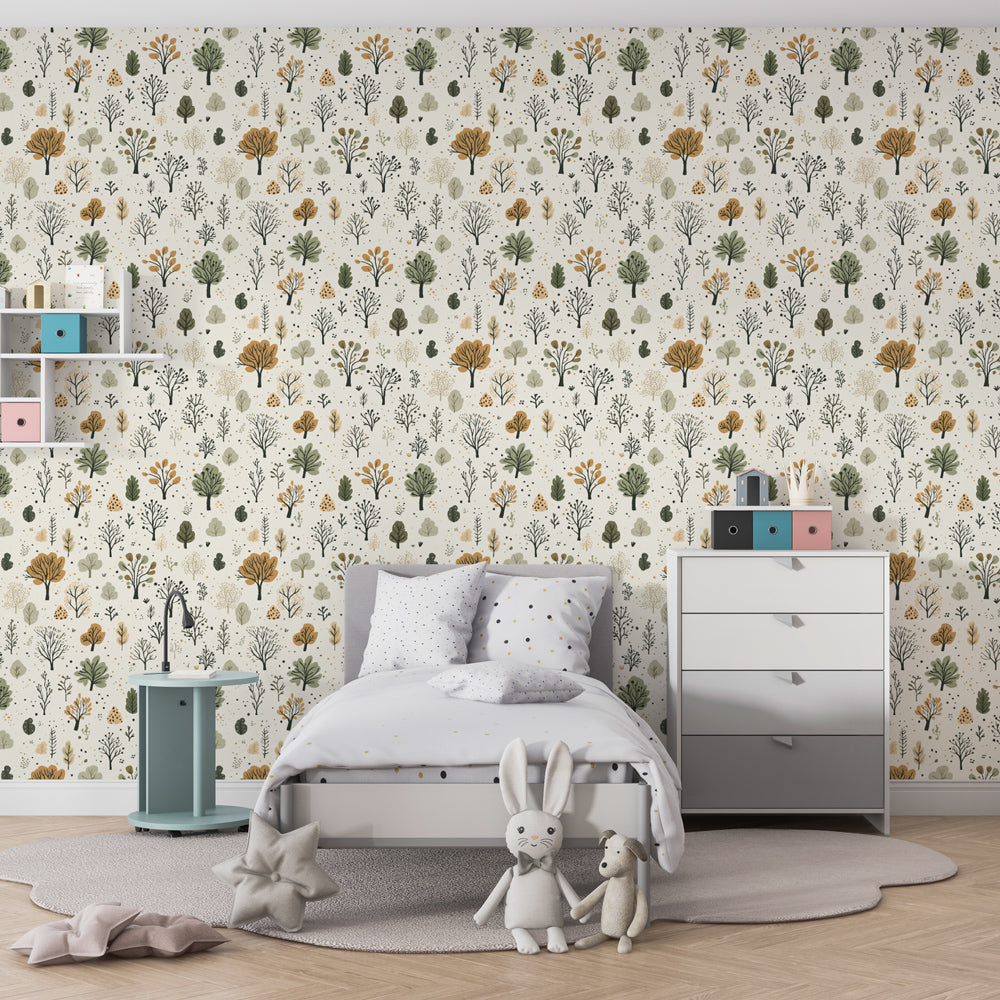 Nature-inspired forest wallpaper creating calming playroom environment for kids