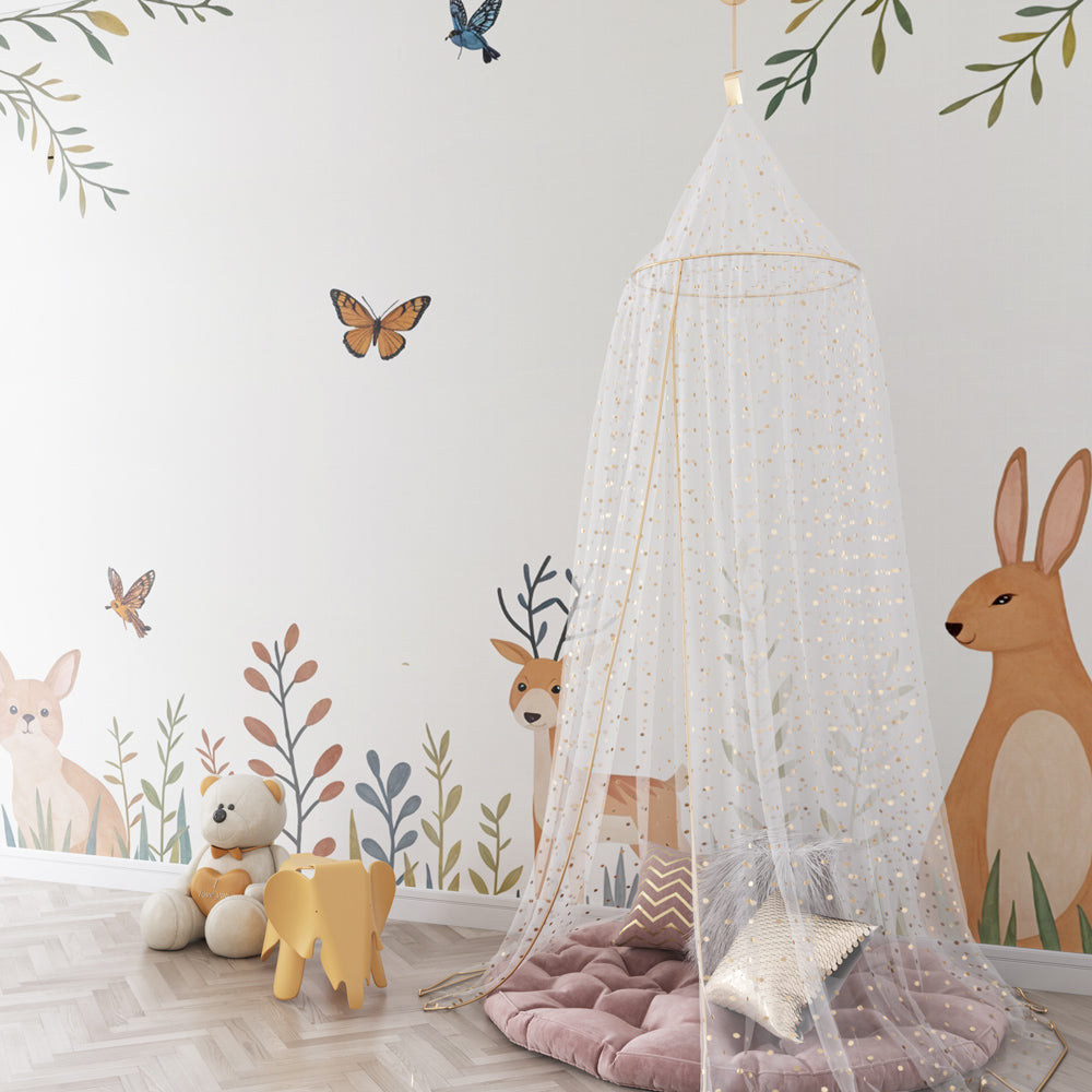 Woodland creatures wallpaper transforming kids playroom into enchanted forest by Kids-Mundo