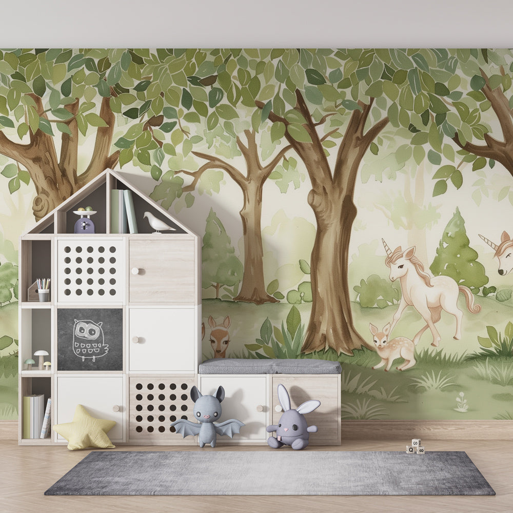 Forest themed mural wallpaper transforming toddler room into magical woodland space