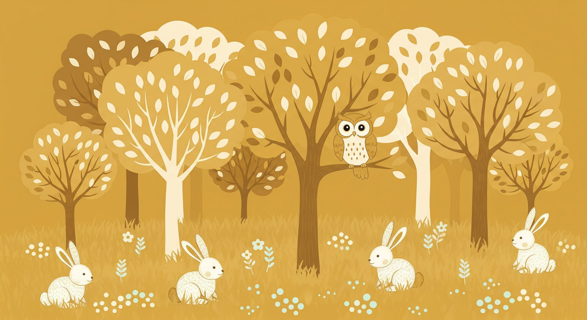 Kids-Mundo flat artwork of a golden forest with an owl and white rabbits below