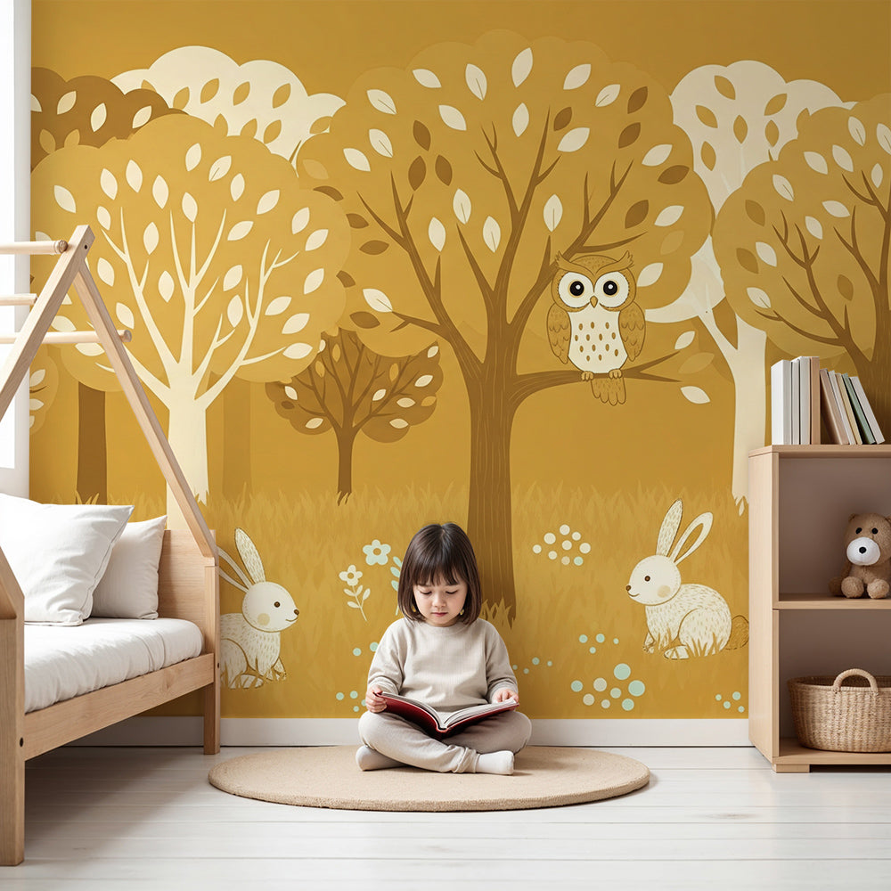 Kids-Mundo enchanted forest wall mural with owl and rabbits styled in a cosy nursery