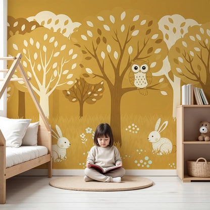 Kids-Mundo enchanted forest wall mural with owl and rabbits styled in a cosy nursery