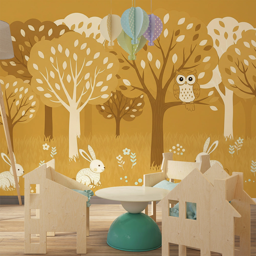 Kids-Mundo enchanted forest wall mural setting a calm scene in a playroom corner
