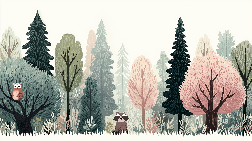 Kids-Mundo enchanted forest with owl and raccoon wall mural artwork shown in full