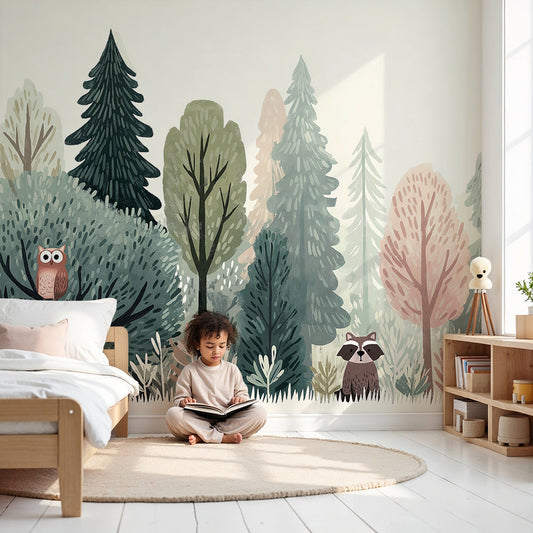 Kids-Mundo enchanted forest owl and raccoon wall mural styled in a soft nursery
