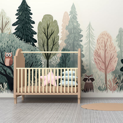 Kids-Mundo pastel forest mural bringing a hushed scene to a children's playroom