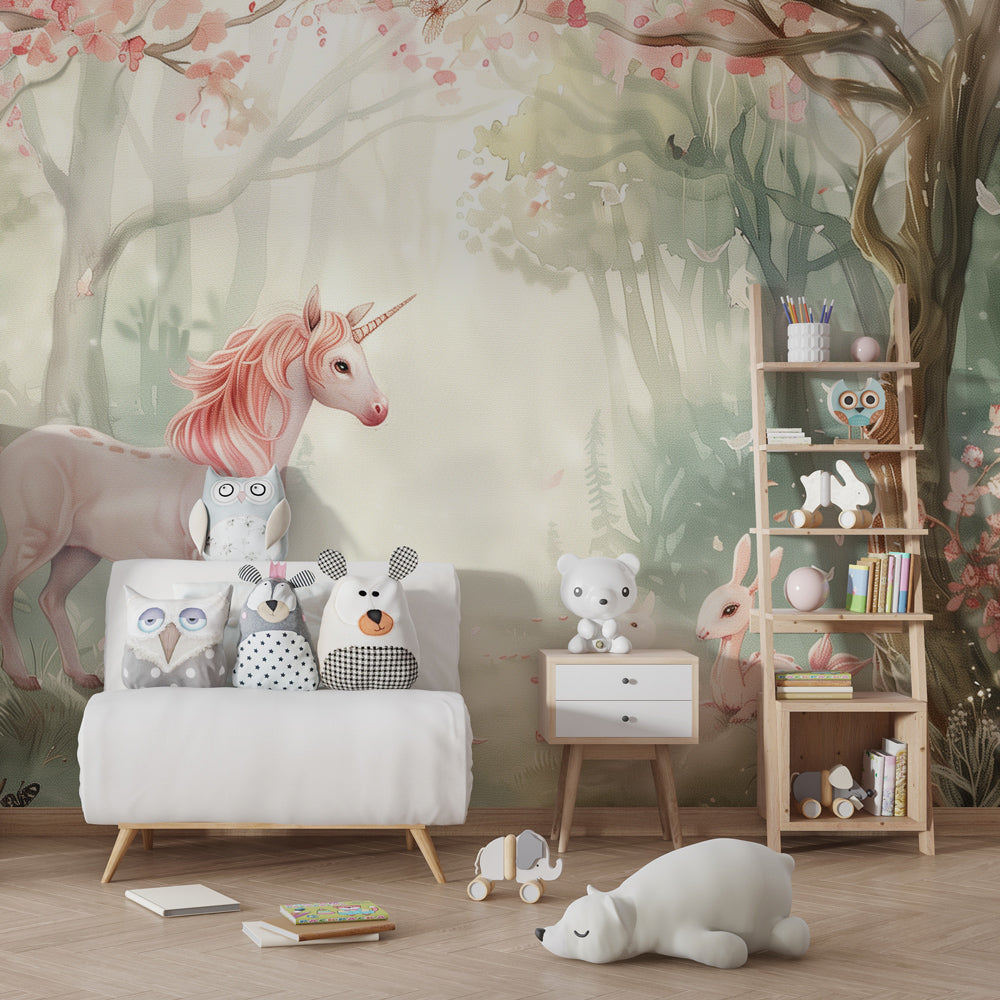 Kids-Mundo unicorn and blossom forest wall mural decorating a child's bedroom