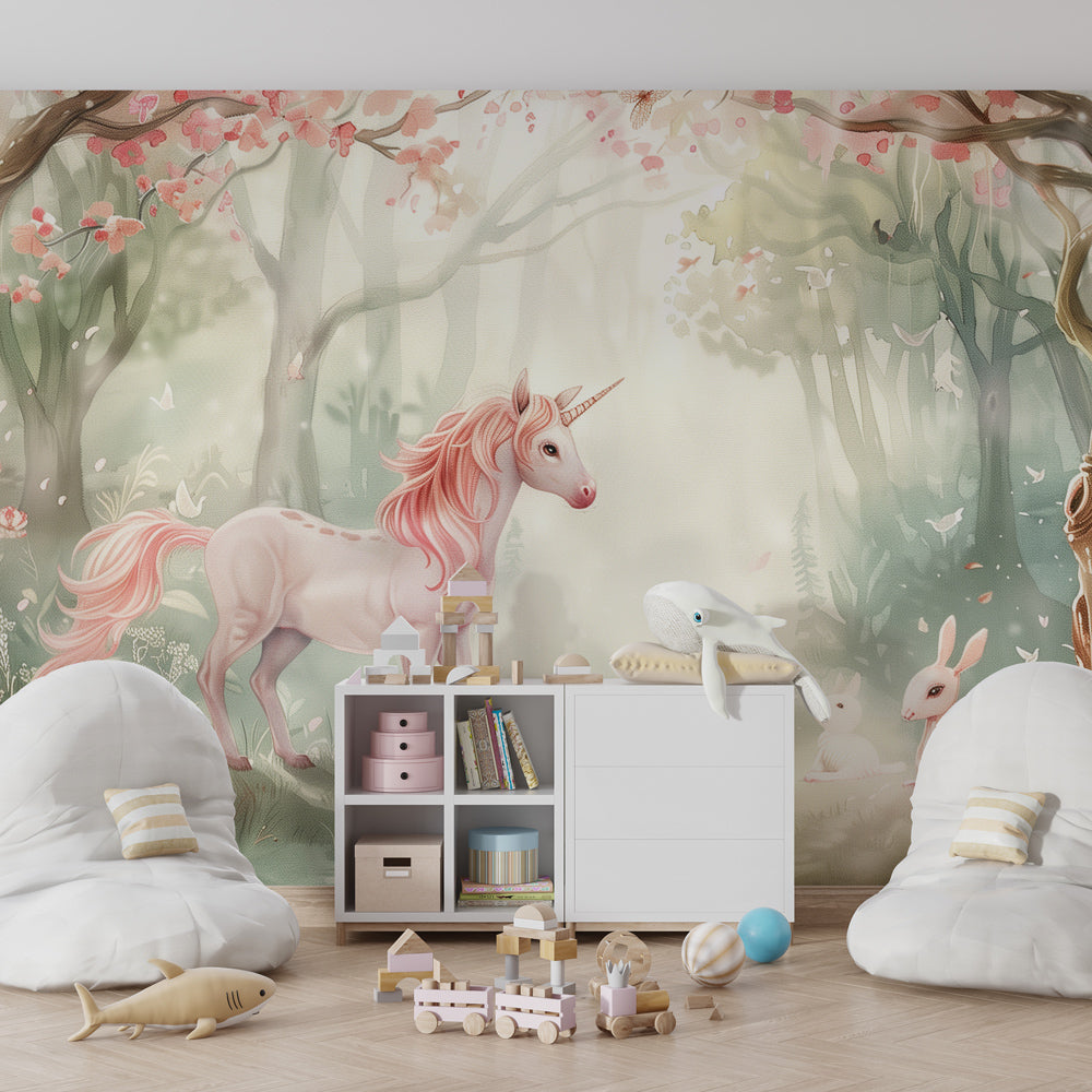 Kids-Mundo enchanted unicorn forest mural bringing woodland magic to a playroom