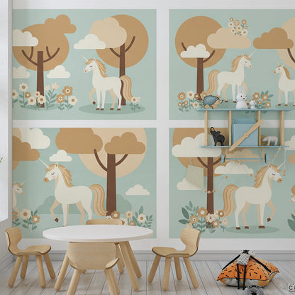 Kids-Mundo unicorn forest wall mural covering a feature wall in a calm kids bedroom