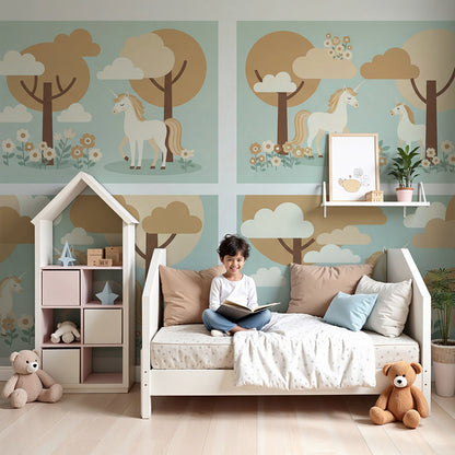 Kids-Mundo enchanted forest unicorn wall mural styled behind a cot in a soft blue-green nursery