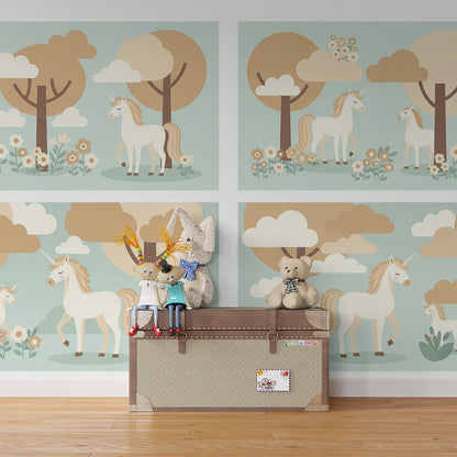 Kids-Mundo unicorns among trees wall mural bringing quiet adventure to a children's playroom