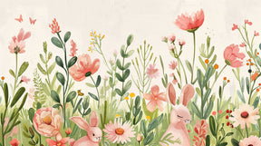 Detailed enchanted garden mural wallpaper design pattern with rabbits and pastel flowers by Kids-Mundo