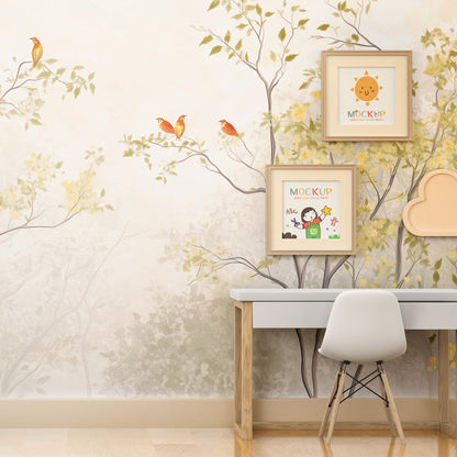 Kids-Mundo misty forest bird mural wallpaper decorating a feature wall in a child's bedroom.