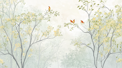 Kids-Mundo flat artwork preview of the misty enchanted forest mural design with three small birds.