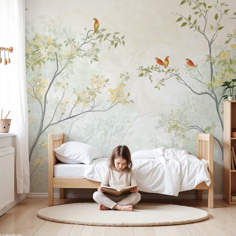 Kids-Mundo enchanted forest wall mural with birds installed as a calming feature wall in a baby's nursery.