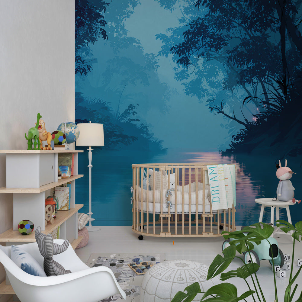 Twilight forest river wallpaper transforming children's bedroom with peaceful blue and purple tones