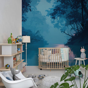 Twilight forest river wallpaper transforming children's bedroom with peaceful blue and purple tones