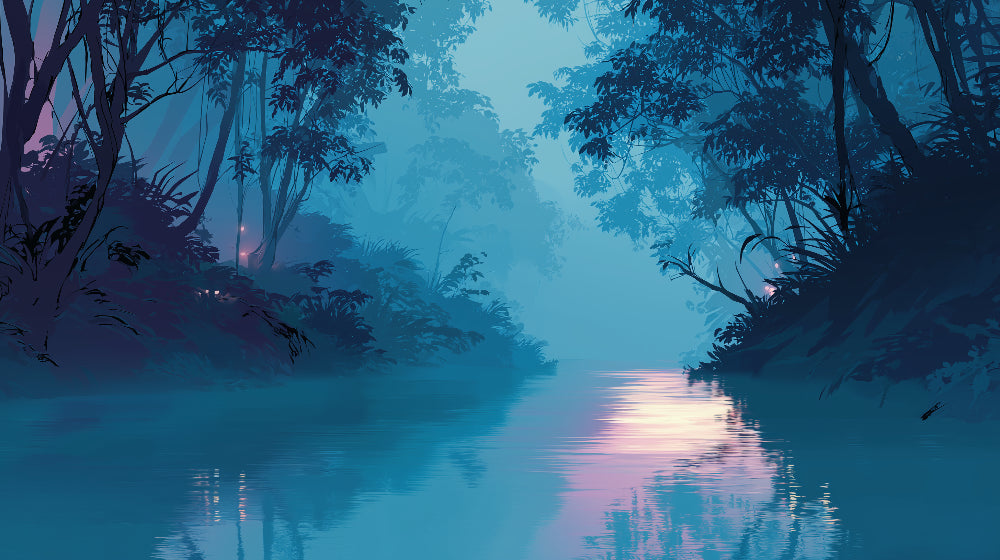 Detailed enchanted river twilight forest mural wallpaper design pattern by Kids-Mundo