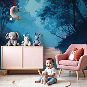 Enchanted river mural wallpaper creating magical twilight atmosphere in modern kids nursery by Kids-Mundo