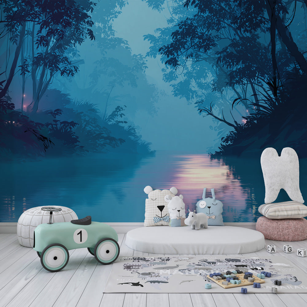 Nature-inspired enchanted river wallpaper creating cozy reading corner for kids room decor