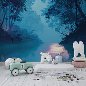 Nature-inspired enchanted river wallpaper creating cozy reading corner for kids room decor