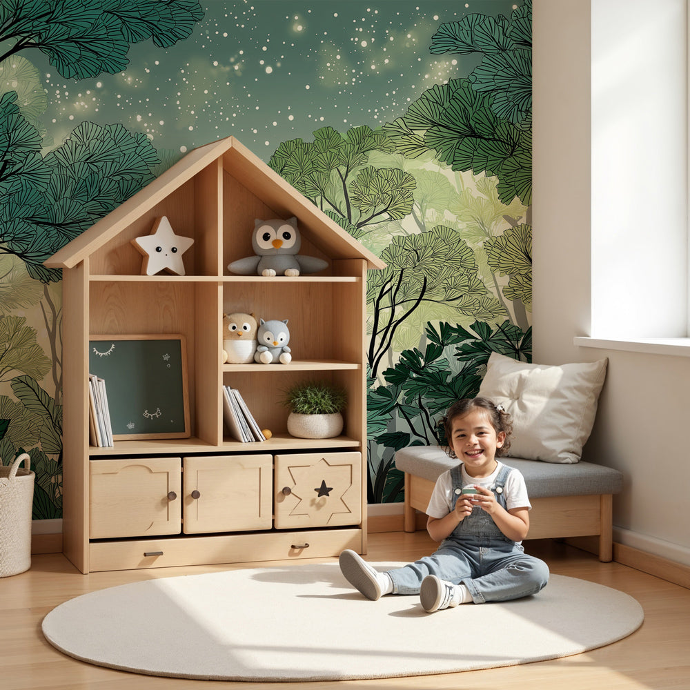 Kids-Mundo enchanted forest wall mural styled in a nursery with layered trees and a starry night sky.