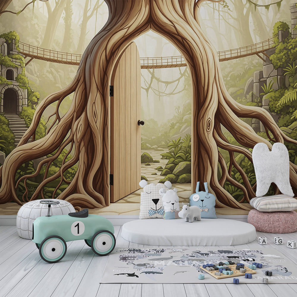 Kids-Mundo tree door jungle mural covering a feature wall in a cosy kids bedroom