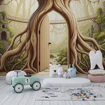 Kids-Mundo tree door jungle mural covering a feature wall in a cosy kids bedroom