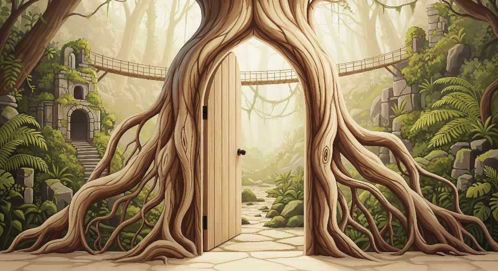 Kids-Mundo flat artwork of an enchanted tree door opening onto a misty jungle path