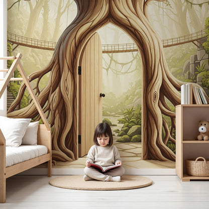 Kids-Mundo enchanted tree door wall mural styled in a child's bedroom with soft furnishings