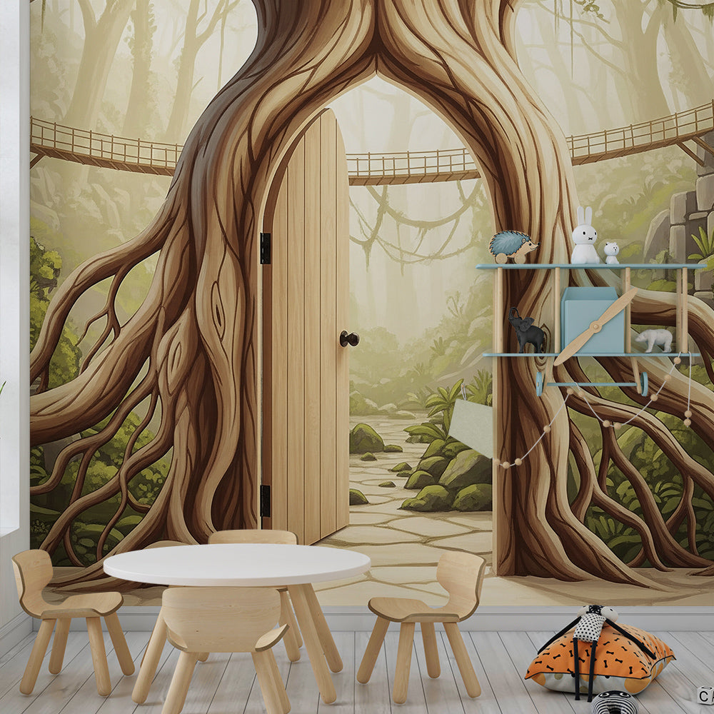 Kids-Mundo magical tree door wall mural set behind toys and books in a playroom