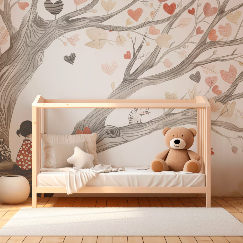 Gray tree wallpaper creating magical kids bedroom decor with hearts and cats